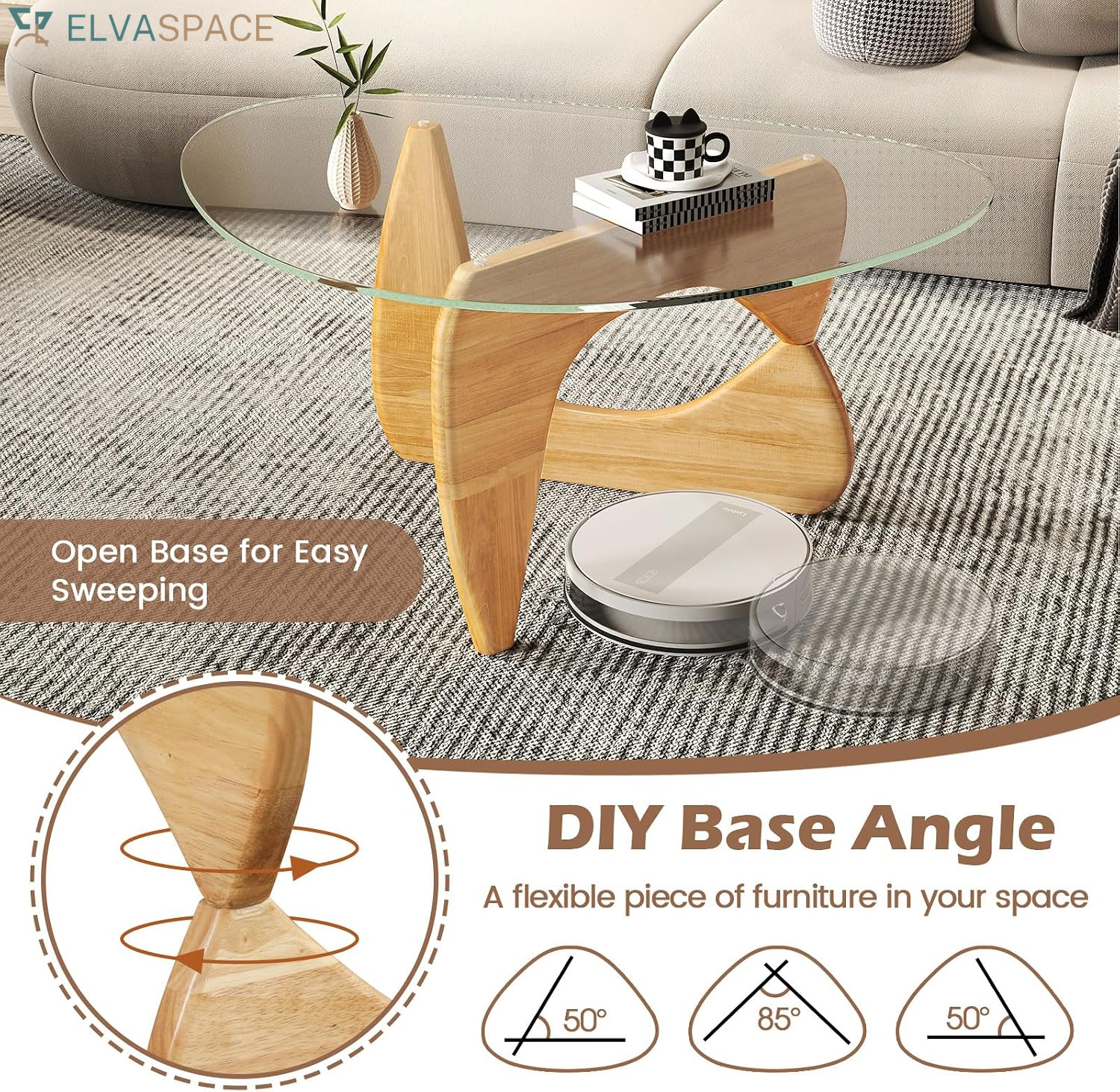 Triangle Glass Coffee Table, Mid-Century Modern Center Table with Tempered Glass Top & Adjustable Rubber Wood Base, Small Coffee Table for Small Spaces, Living Room & Reception Room (Natural)