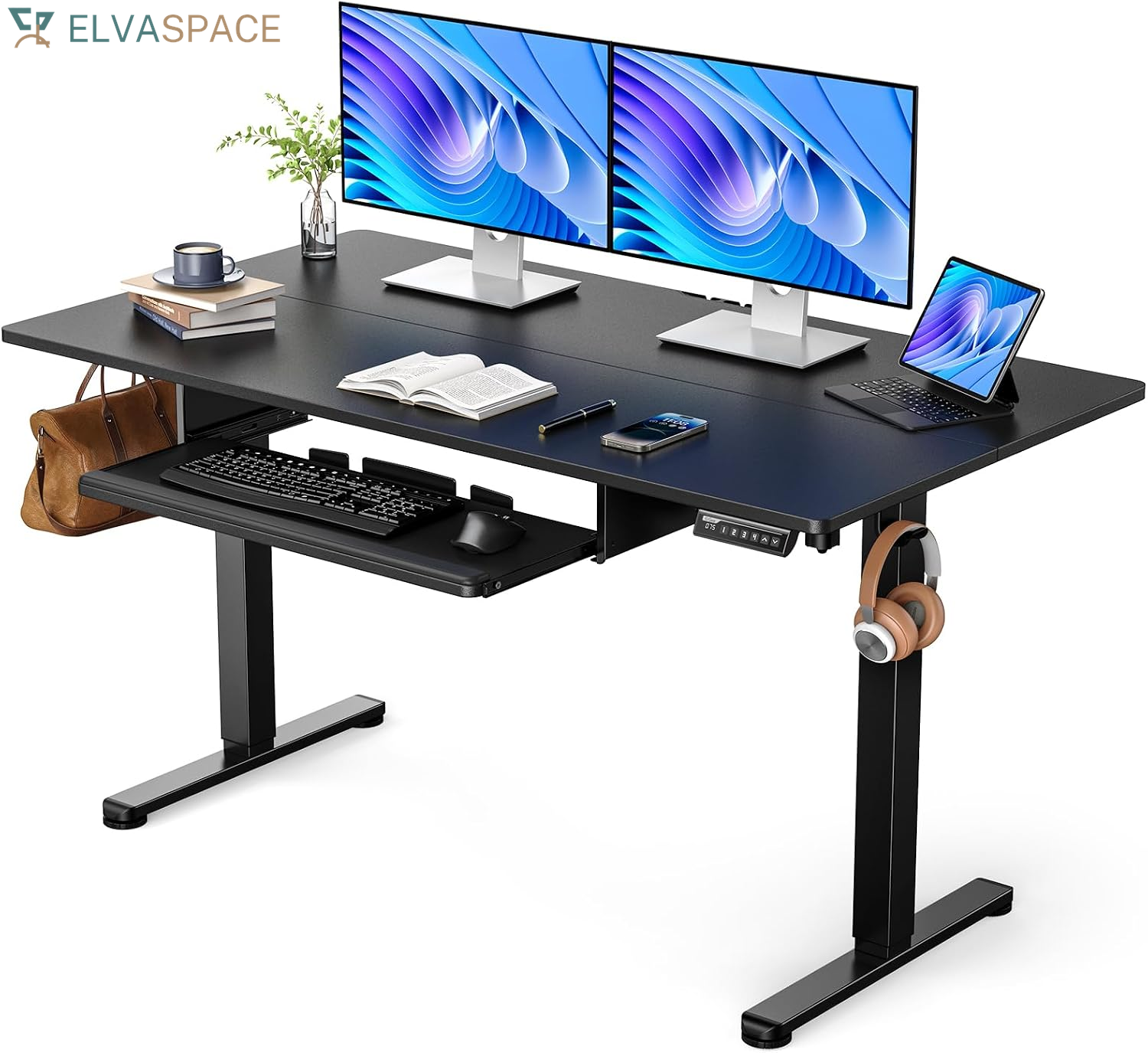 Electric Standing Desk with Keyboard Tray, 44X24, Vintage Brown