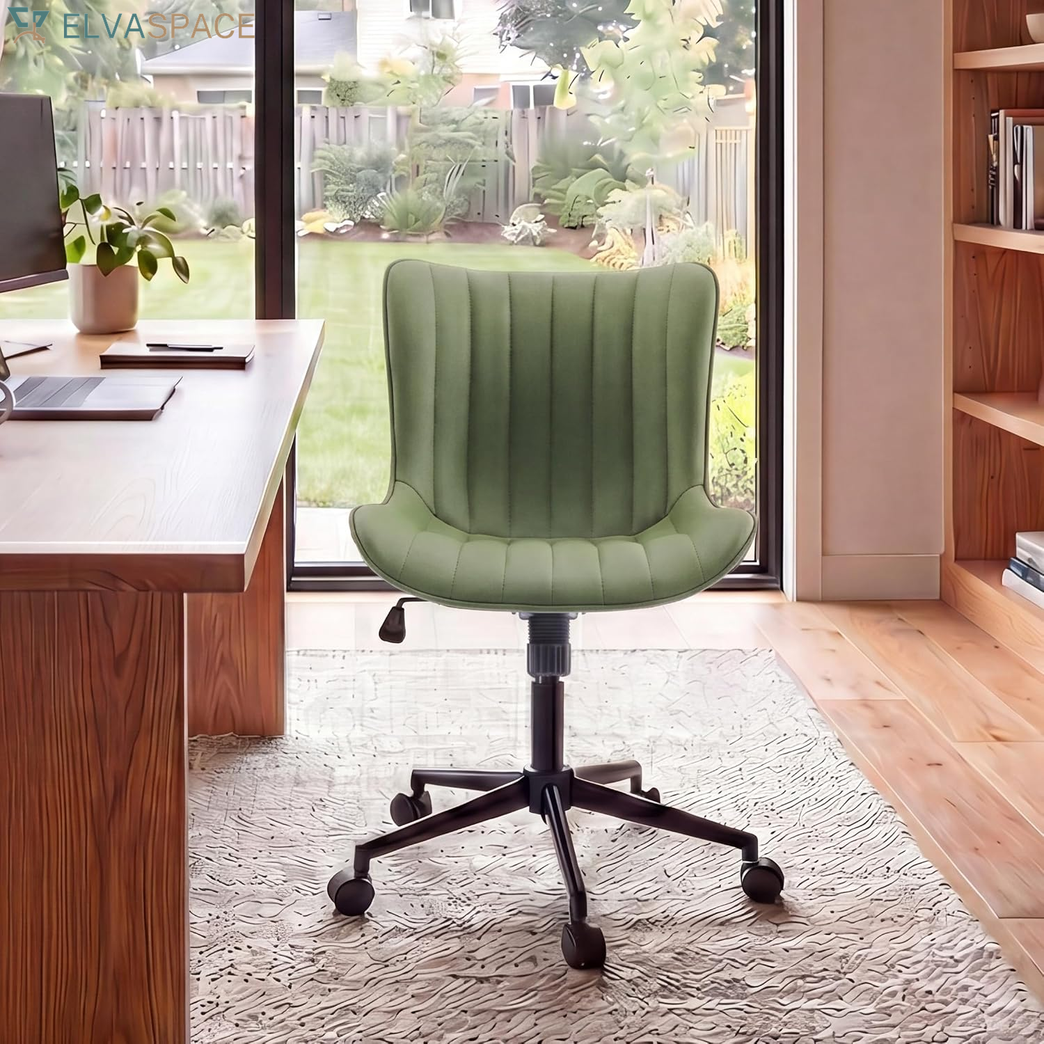 Green Office Desk Chair with Wheels Armless Vanity Chair Modern | Faux Leather Upholstered with Rocking Back, Swivel Height Adjustable Small Cute Computer Rolling Task Chair Ergonomic 300Lb