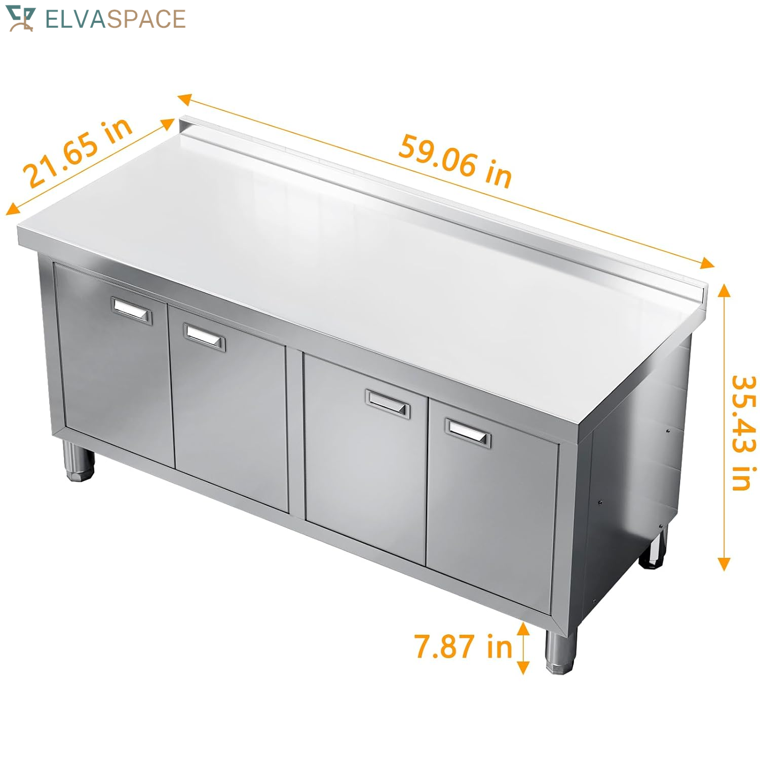 59" X 21" Stainless Steel Prep Table with Cabinet, Commercial Kitchen Table for Prep & Work, Heavy Duty Work Table with 4 Doors for Kitchen, Restaurant, Hotel, Garage and Cafe