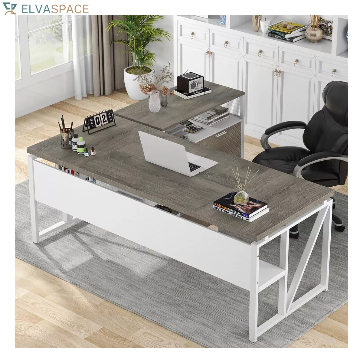 Lantine L Shaped Desk with Drawer Cabinet, 63" Executive Computer Desk and Lateral File Cabinet for Home Office