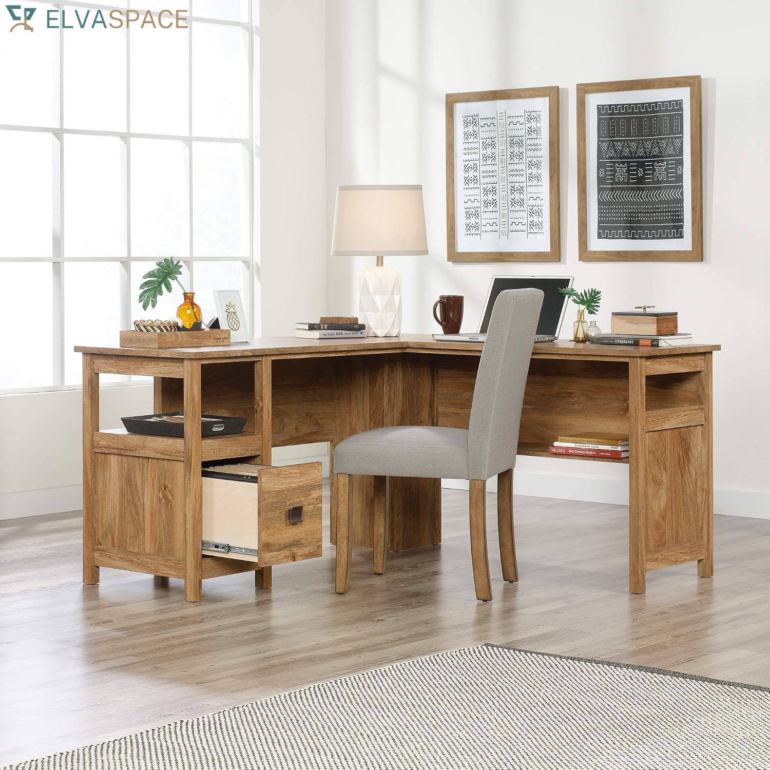 Cannery Bridge L-Shaped Office Desk with Storage Drawer and Self, in Sindoori Mango