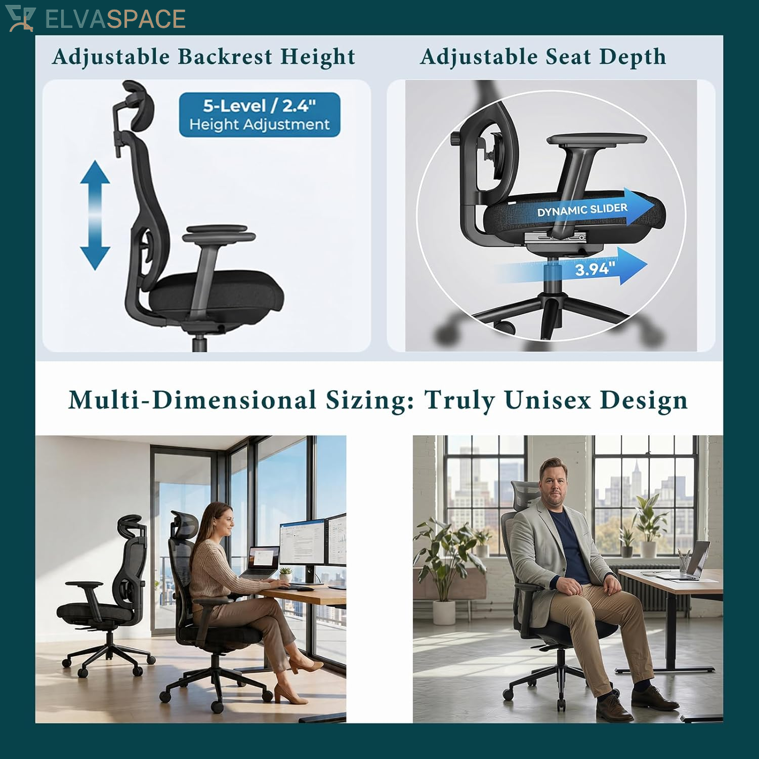 Ergonomic Office Chair with Breathable Mesh Back & Thick Cushion Seat, 4D Armrests, 3D Headrest, Adjustable Lumbar Support & Seat Depth, High Back Desk Chair with Tilt Lock (Black)