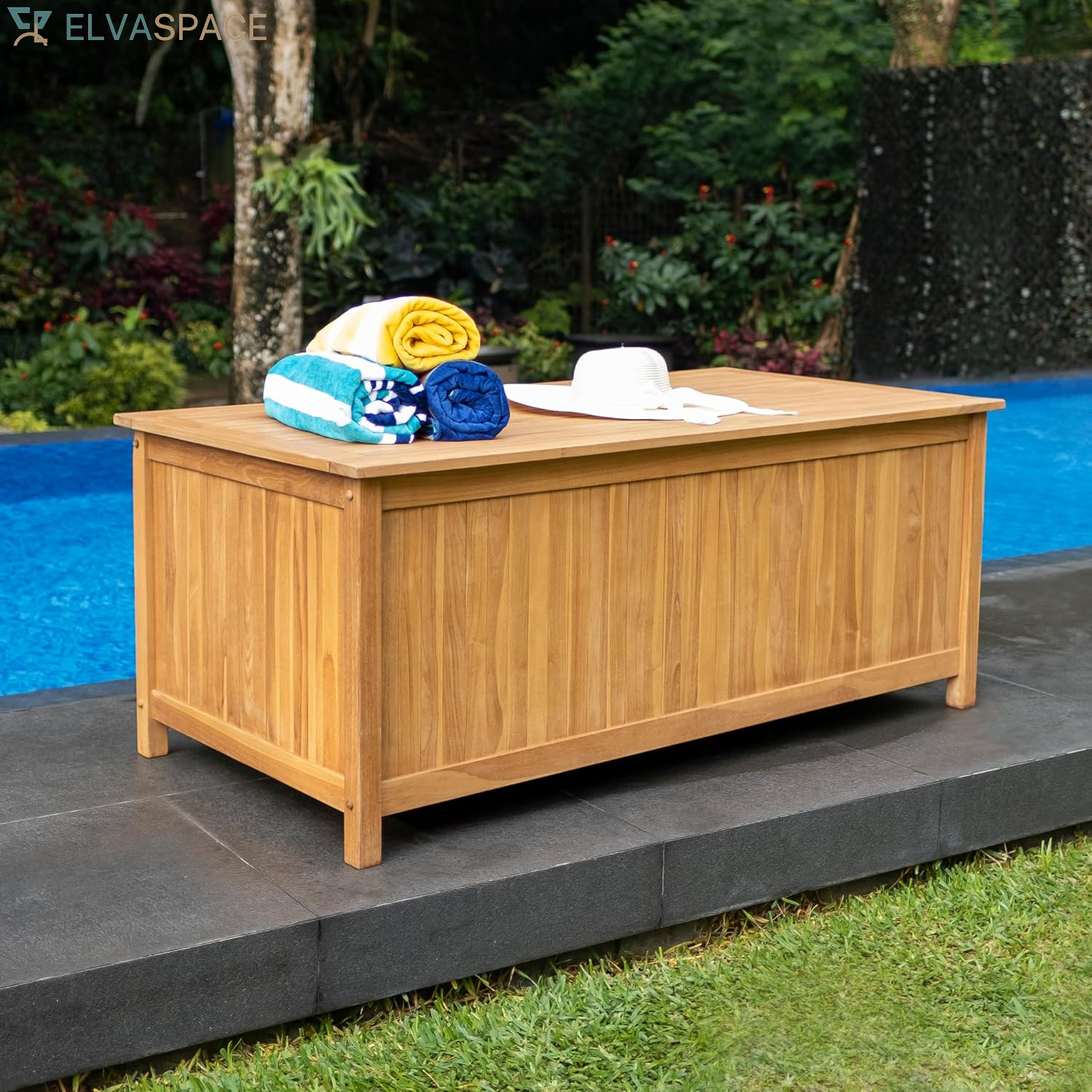 Arie 60-Inch Teak Outdoor Deck Storage Box Chest, Weather-Resistant Patio Organizer with Soft-Close Lid for Pool, Garden & Backyard, 119 Gallons Outdoor Storage Box