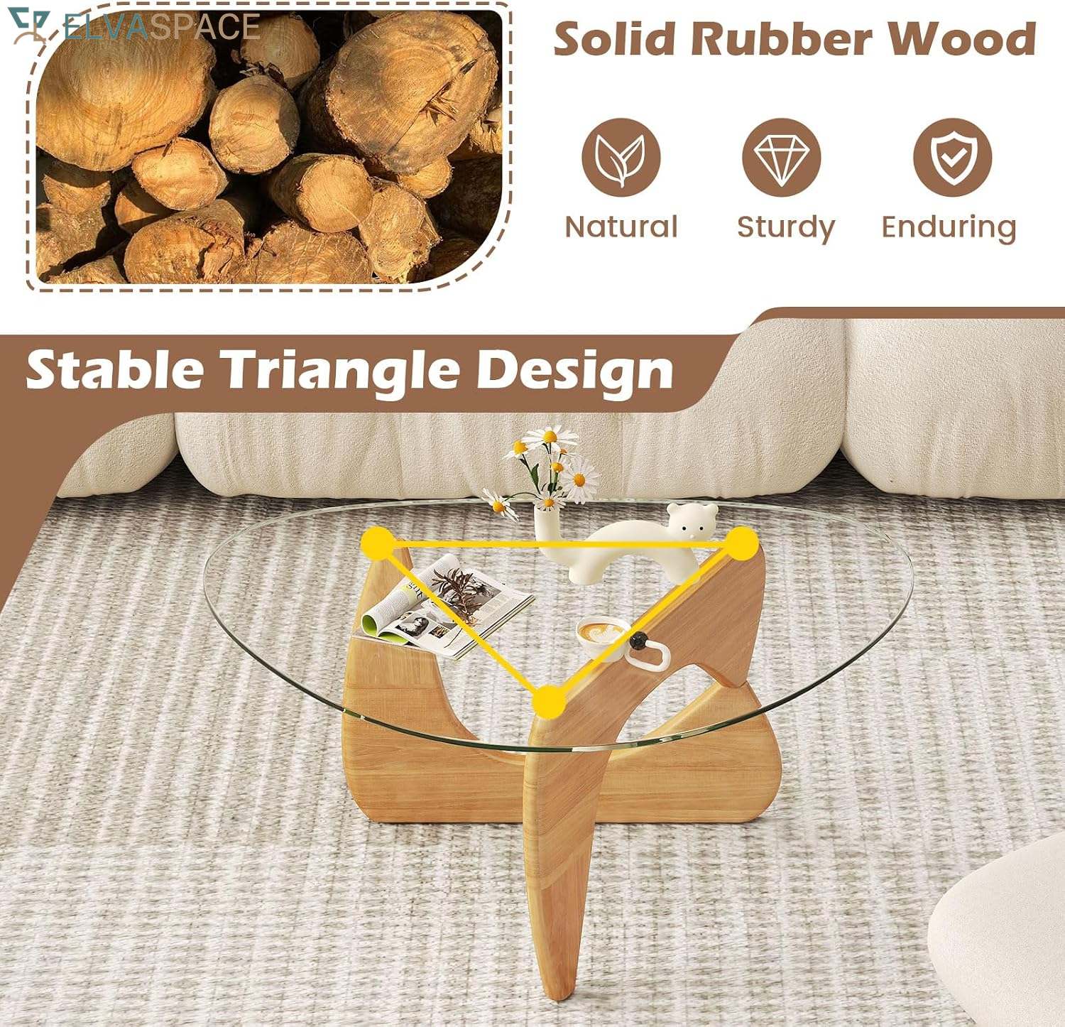 Triangle Glass Coffee Table, Mid-Century Modern Center Table with Tempered Glass Top & Adjustable Rubber Wood Base, Small Coffee Table for Small Spaces, Living Room & Reception Room (Natural)