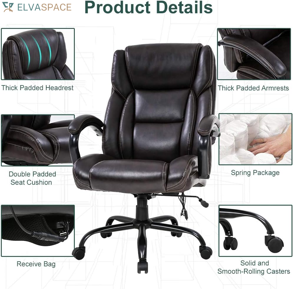 Big and Tall Office Chair 500Lb Wide Seat Massage Desk Chair Ergonomic Computer Chair with Headrest Lumbar Support Armrest Rolling Swivel Chair Adjustable PU Leather Task Chair for Adults Women(Brown)