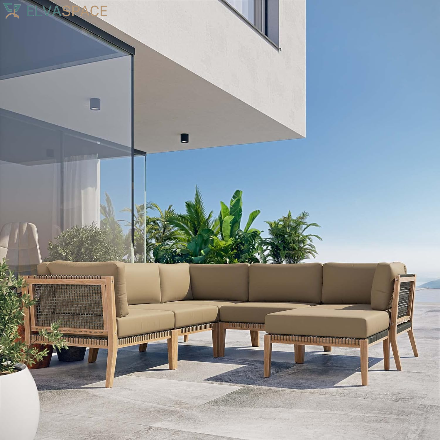 Clearwater Outdoor Patio Teak Wood 6-Piece Sectional Sofa in Gray Graphite