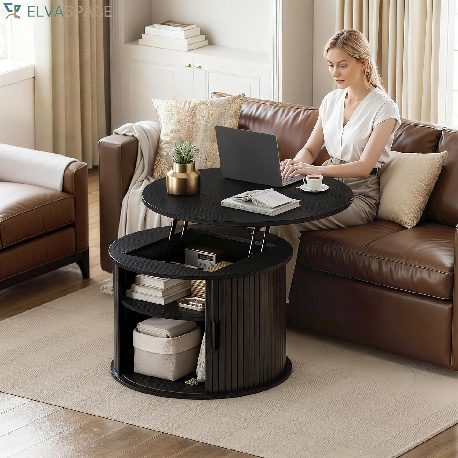 round Lift Top Coffee Table Fluted Drum Table Sliding Door, Black | Small Coffee Table with Fluted Sliding Door, Hidden Storage, Open Shelves, Small Center Table Dining Table for Living Room