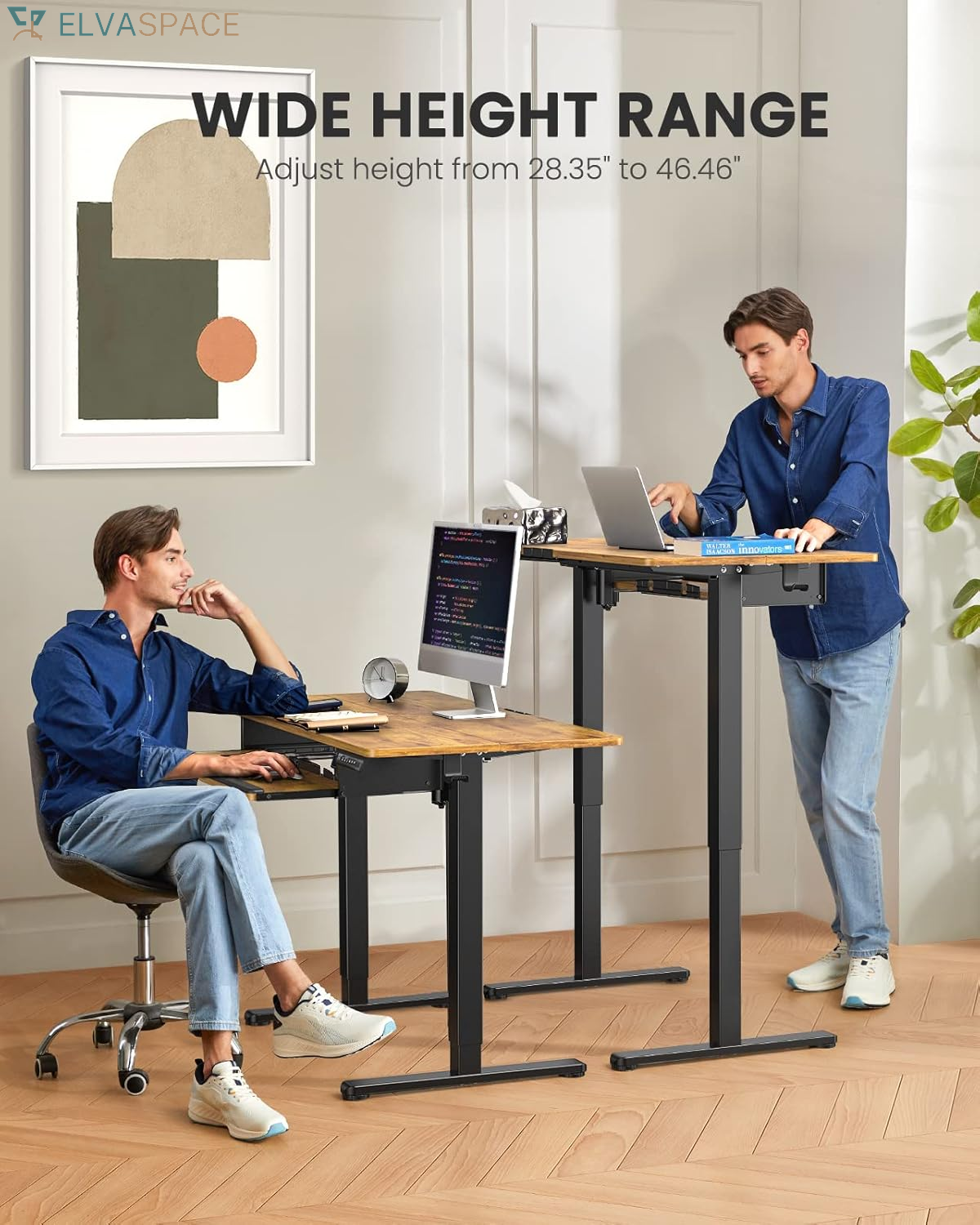 Electric Standing Desk with Keyboard Tray, 44X24, Vintage Brown