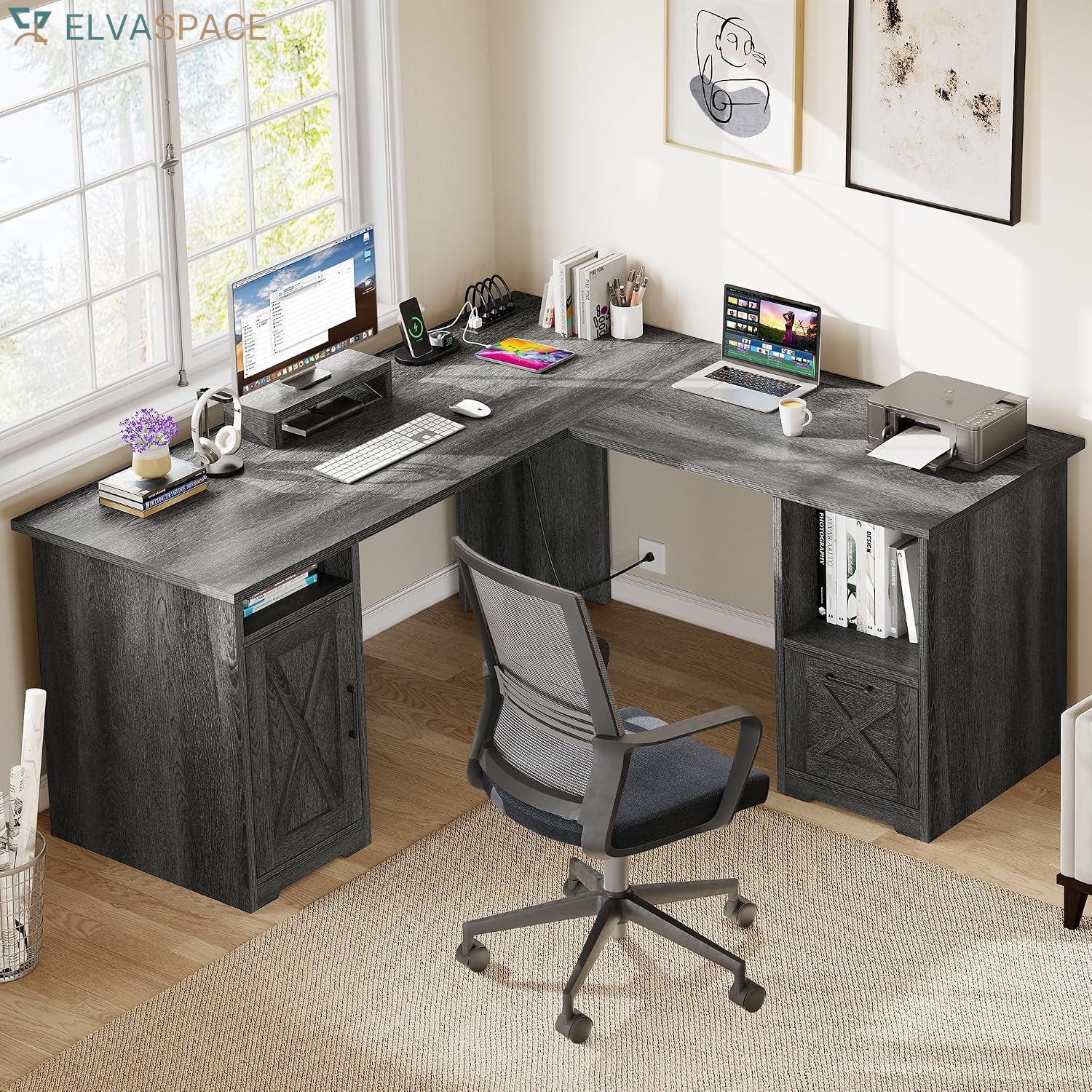 L Shaped Desk with Power Outlets | Computer Corner Desk, File Drawer, Monitor Stand & Storage Shelves, File Cabinet