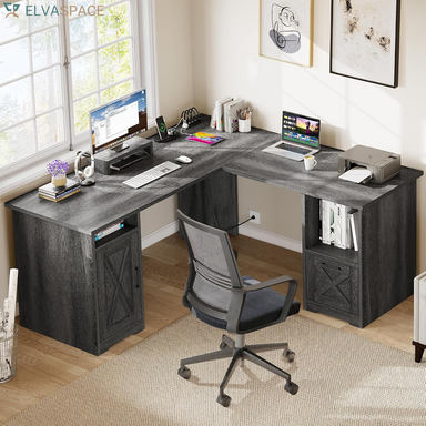 L Shaped Desk with Power Outlets | Computer Corner Desk, File Drawer, Monitor Stand & Storage Shelves, File Cabinet