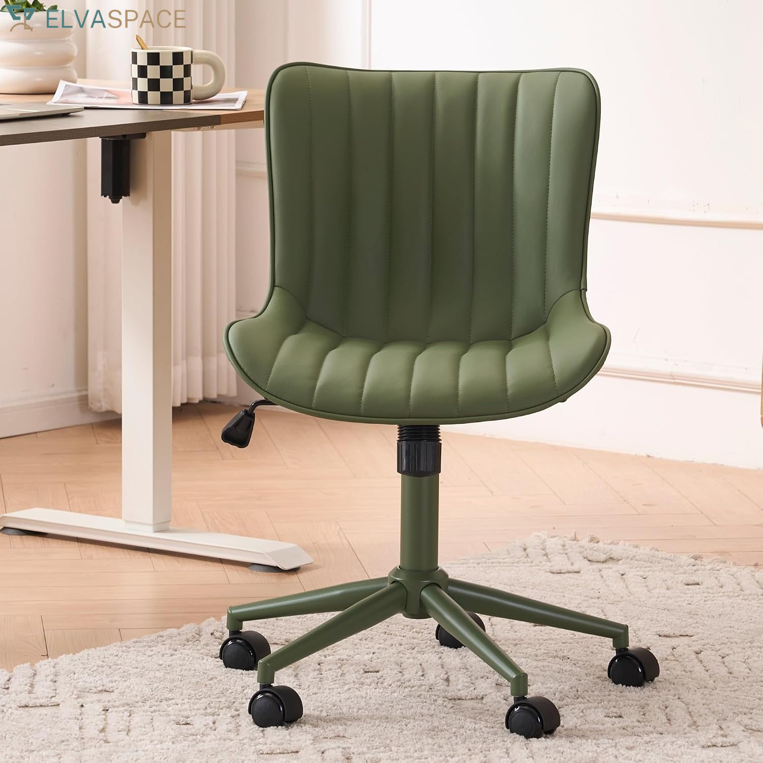 Green Office Desk Chair with Wheels Armless Vanity Chair Modern | Faux Leather Upholstered with Rocking Back, Swivel Height Adjustable Small Cute Computer Rolling Task Chair Ergonomic 300Lb