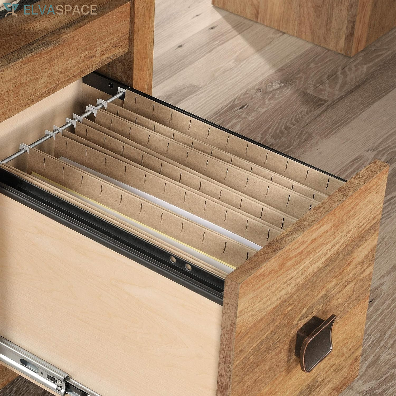 Cannery Bridge L-Shaped Office Desk with Storage Drawer and Self, in Sindoori Mango