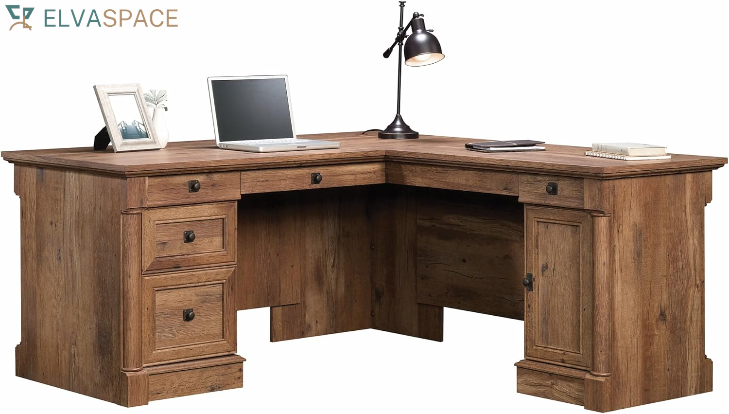 Palladia L Shaped Desk with Drawers, Office Desk with File Cabinet Storage, Cable Management, Keyboard Tray, in Select Cherry Finish