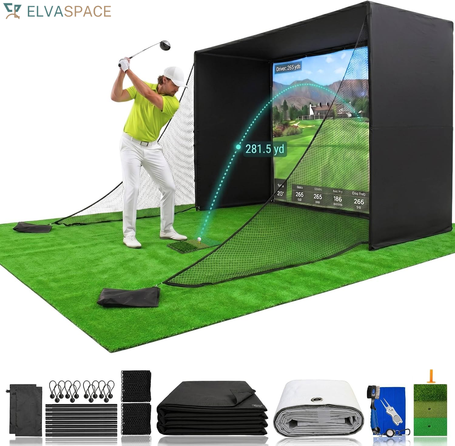 Golf Simulator Enclosure 10.7X8X5Ft & 8.5X8.5X5Ft | Light-Proof HD/4K Silent Impact Screen, Indoor/Outdoor Golf Simulators for Home Includes Mat, Foam-Padded Iron Poles, Shank Net, Sandbag & Bonus Kit
