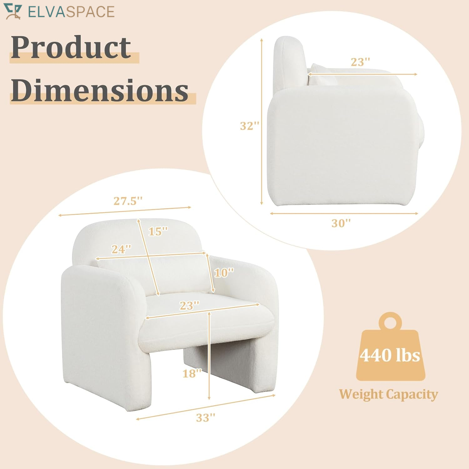 Modern Accent Chair for Living Room, Sherpa Fabric Upholstered Armchair W/Waist Pillow, Comfy Reading Chair W/Armrests, Small Single Sofa for Bedroom, Reception, Apartment, Office, White