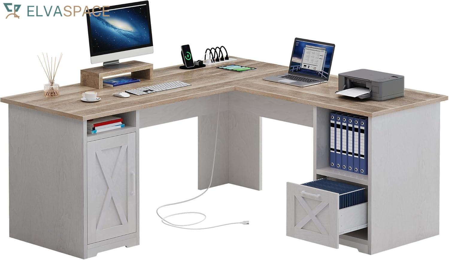 L Shaped Desk with Power Outlets | Computer Corner Desk, File Drawer, Monitor Stand & Storage Shelves, File Cabinet