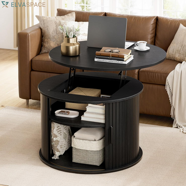 round Lift Top Coffee Table Fluted Drum Table Sliding Door, Black | Small Coffee Table with Fluted Sliding Door, Hidden Storage, Open Shelves, Small Center Table Dining Table for Living Room