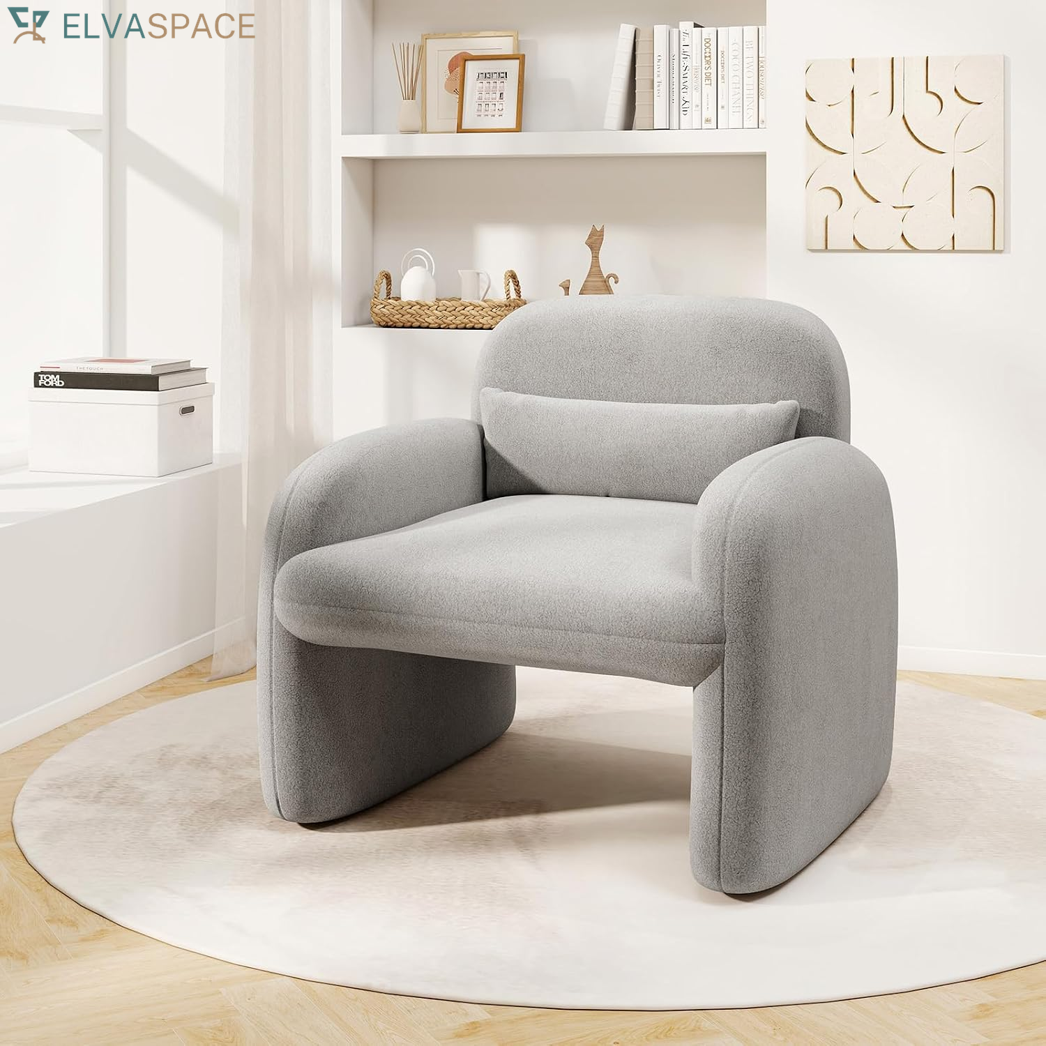Modern Accent Chair for Living Room, Sherpa Fabric Upholstered Armchair W/Waist Pillow, Comfy Reading Chair W/Armrests, Small Single Sofa for Bedroom, Reception, Apartment, Office, White
