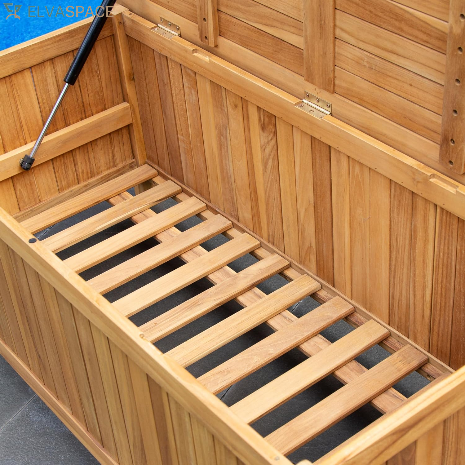 Arie 60-Inch Teak Outdoor Deck Storage Box Chest, Weather-Resistant Patio Organizer with Soft-Close Lid for Pool, Garden & Backyard, 119 Gallons Outdoor Storage Box