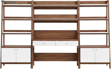 3-Piece Home Office Desk and Bookshelf Display Case in Walnut White