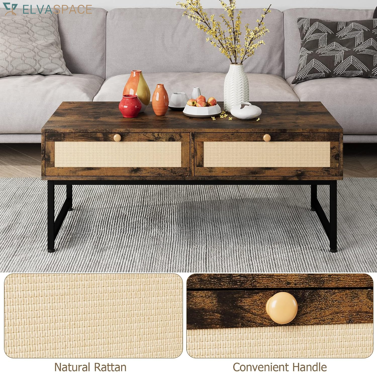 46" Rattan Coffee Table with Metal Frame, Center Rectangular Tables with 2 Drawers, Wooden Small Media Table for Home Living Room, Brown