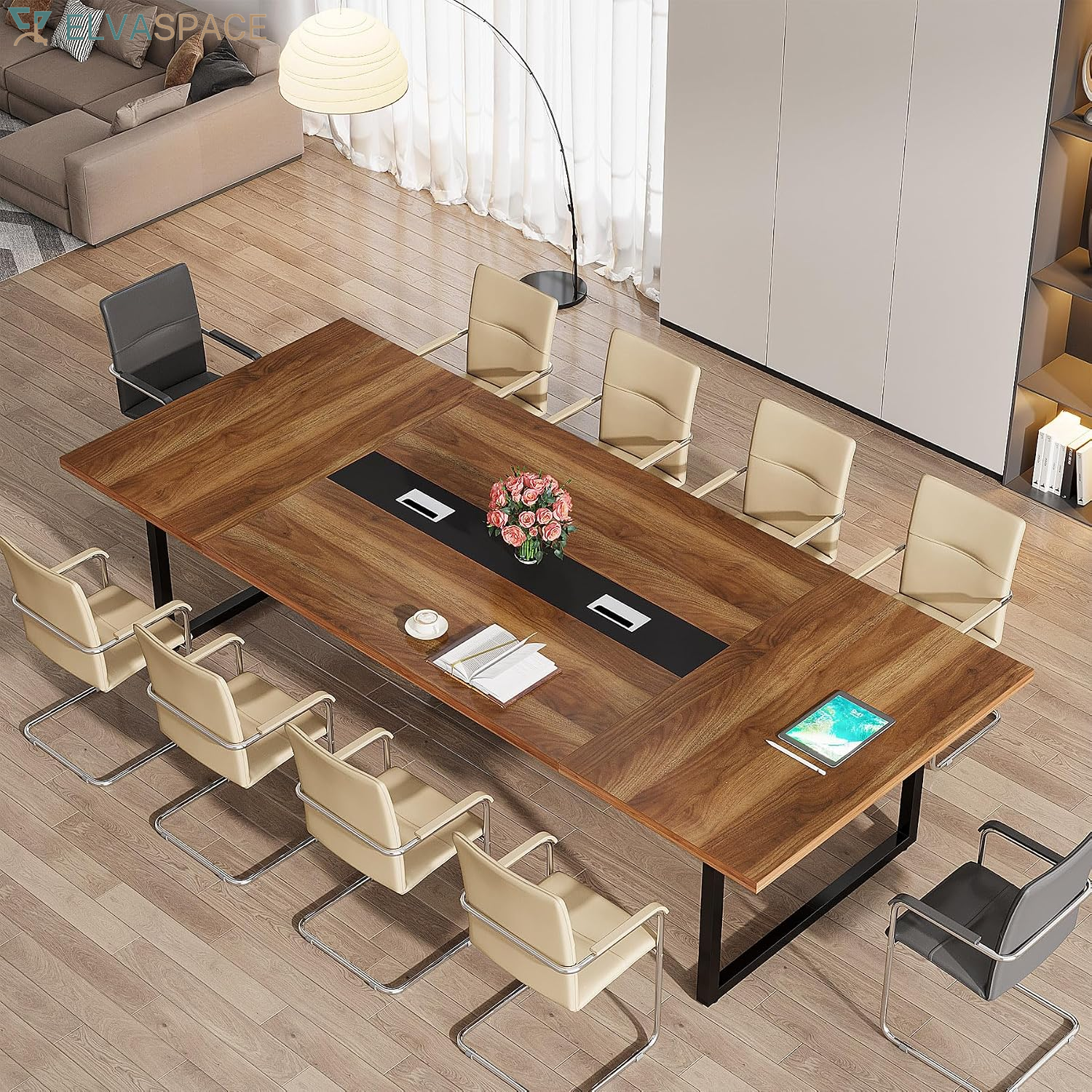 Tribesigns 8FT Conference Table, 94.49 L X 47.24 W X 29.53 H Inches Large Meeting Podcast Table for 10 People, Business Style Wooden Training Table with Strong Metal Frame for Office Conference