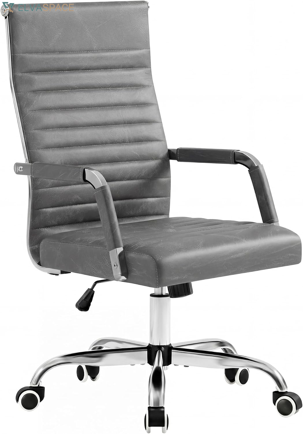 Ergonomic Office Desk Chair, Executive Ribbed Mid-Back PU Leather Conference Room Chair Adjustable Swivel Chair with Arms (1, Orange)