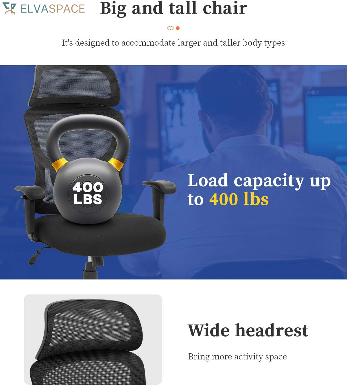 Big and Tall Office Chair Ergonomic Chair 400Lbs Wide Seat Executive Desk Chair with Lumbar Support Adjustable Armrest Headrest High Back Mesh Computer Chair Rolling Swivel Task Chair(Black)