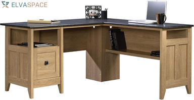 August Hill L-Shaped Corner Desk with Storage Drawer and Open Shelf for Home Office, in Dover Oak Finish