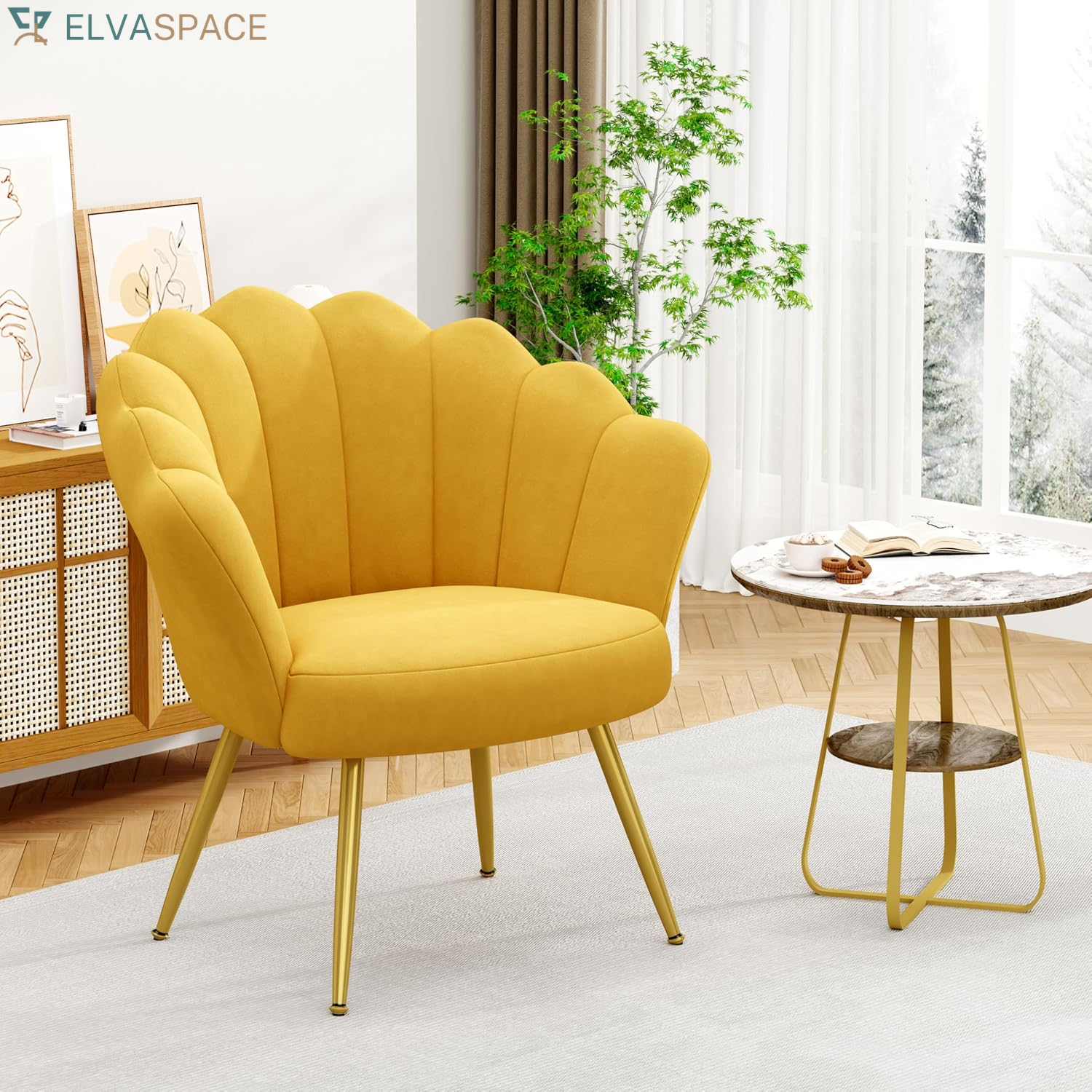 Mid Century Velvet Living Room Chair Set of 2 Accent Chairs, Upholstered Vanity Chair for Makeup Room, Modern Barrel Arm Guest Leisure Chair Comfy for Bedroom-Yellow