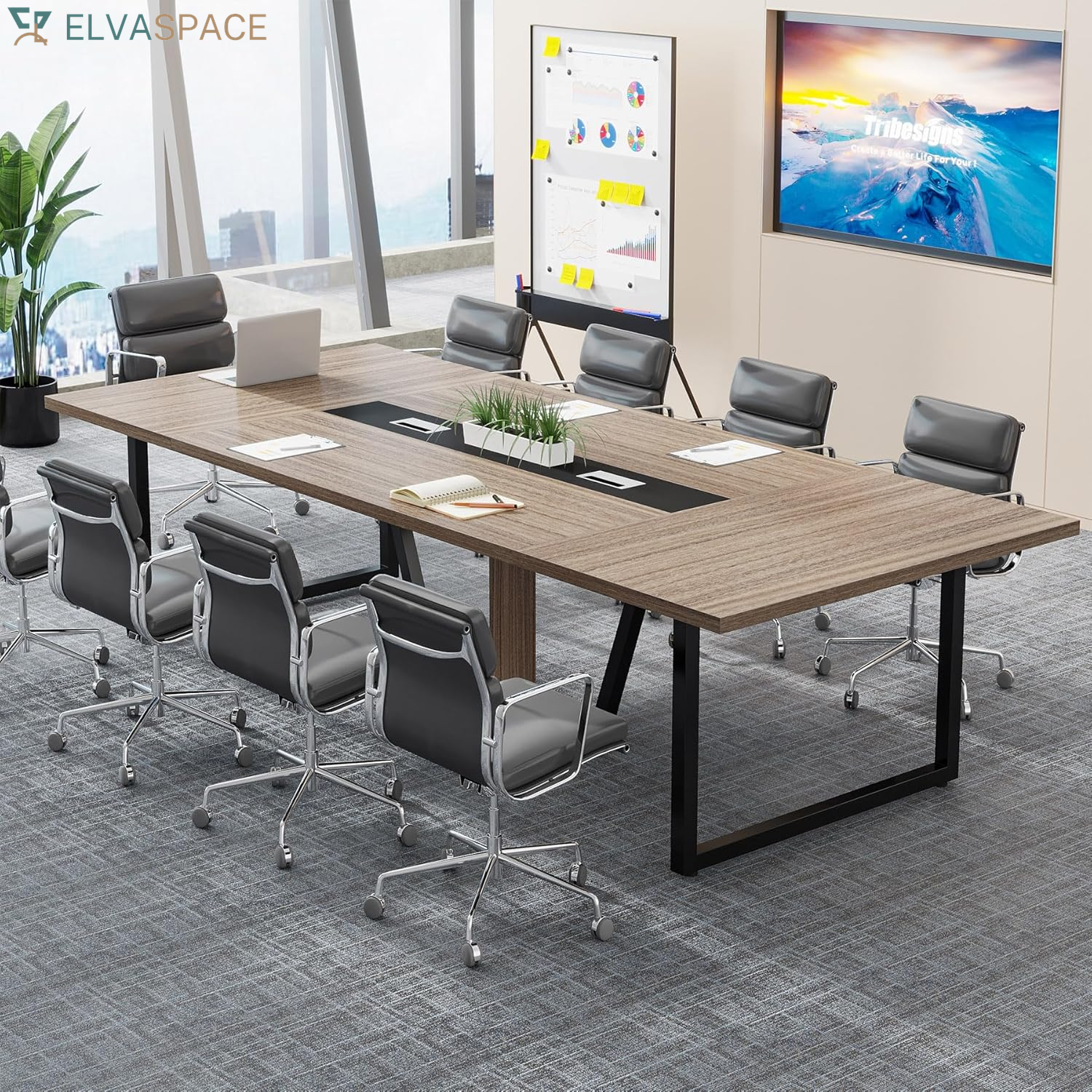 Tribesigns 8FT Conference Table, 94.49 L X 47.24 W X 29.53 H Inches Large Meeting Podcast Table for 10 People, Business Style Wooden Training Table with Strong Metal Frame for Office Conference
