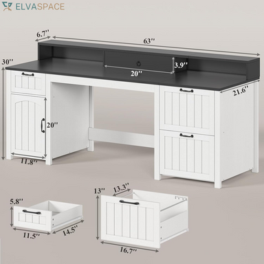Farmhouse 63" Executive Desk, Home Office Desk with File Drawer and Monitor Stand, Computer Desk with Drawers and Storage Cabinet, Wood Desk for Work Study Writing, White