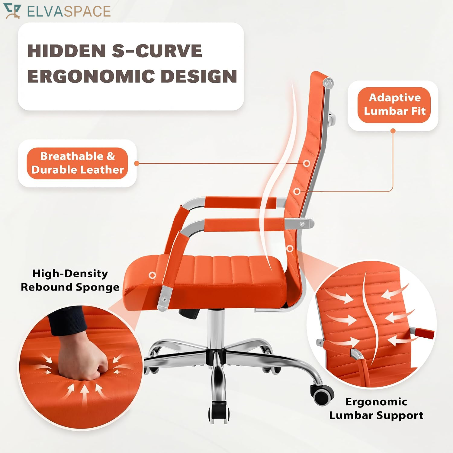 Ergonomic Office Desk Chair, Executive Ribbed Mid-Back PU Leather Conference Room Chair Adjustable Swivel Chair with Arms (1, Orange)