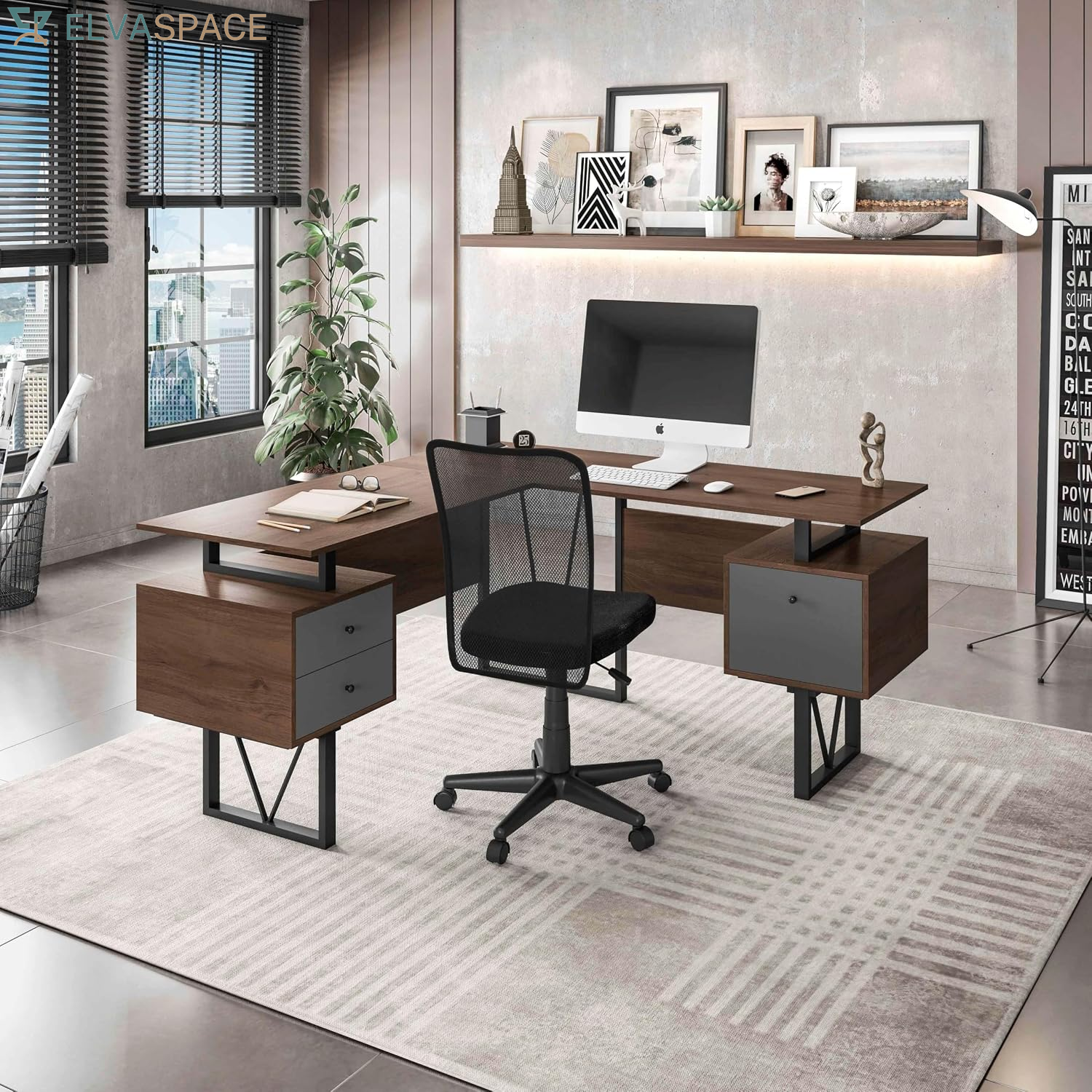 Reversible L-Shaped Computer Desk with File Cabinet, Brown | Drawers, Ideal for Home Office, Workspace Organization, Modern Design, Everyday Use