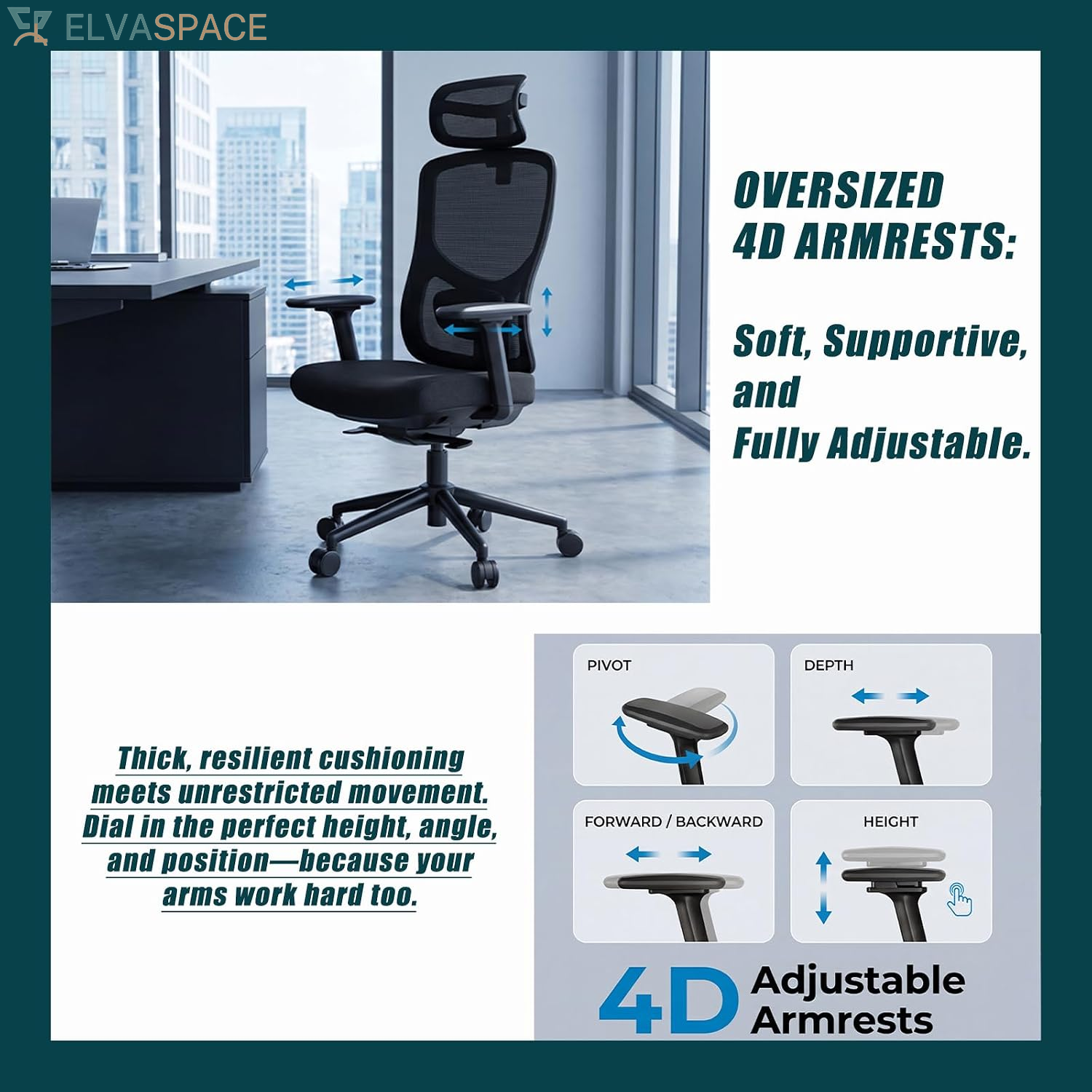 Ergonomic Office Chair with Breathable Mesh Back & Thick Cushion Seat, 4D Armrests, 3D Headrest, Adjustable Lumbar Support & Seat Depth, High Back Desk Chair with Tilt Lock (Black)