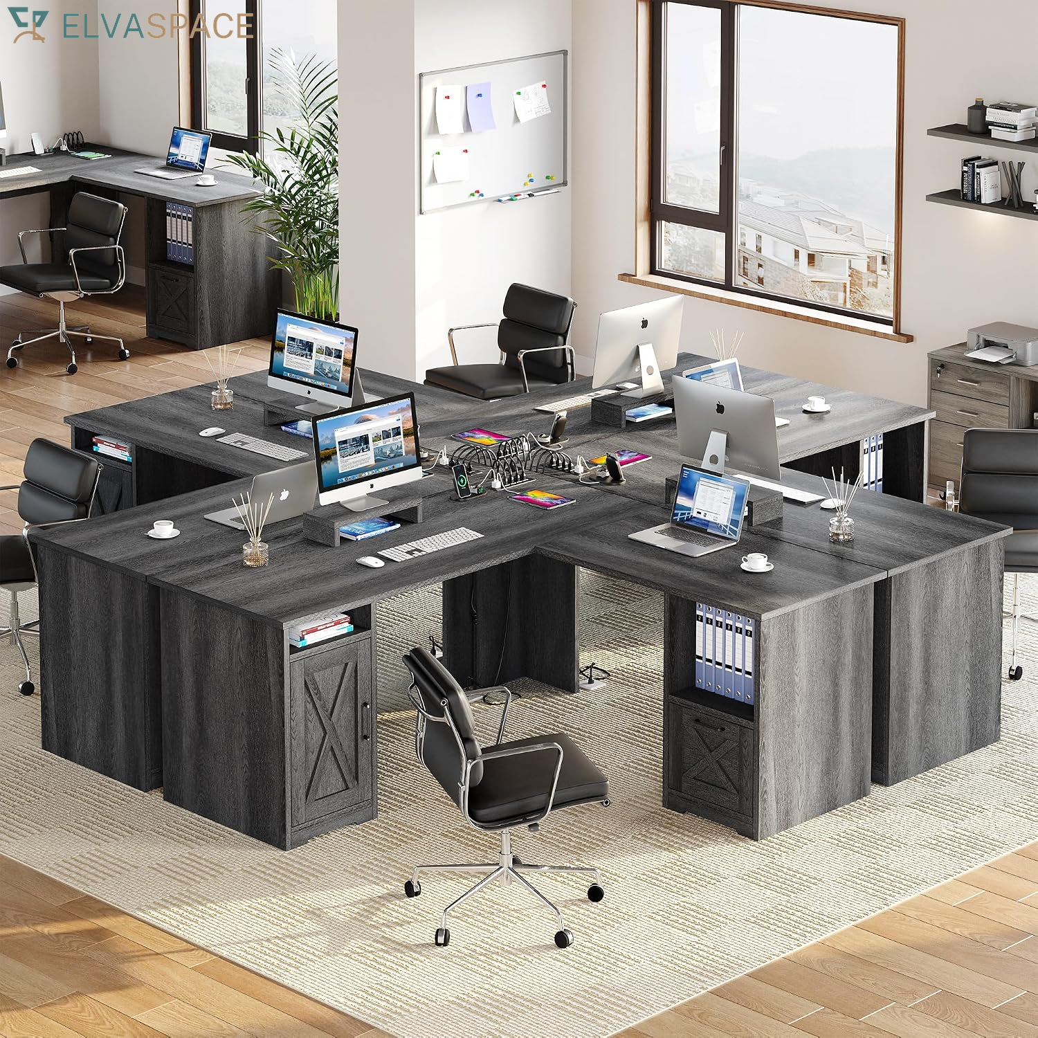 L Shaped Desk with Power Outlets | Computer Corner Desk, File Drawer, Monitor Stand & Storage Shelves, File Cabinet