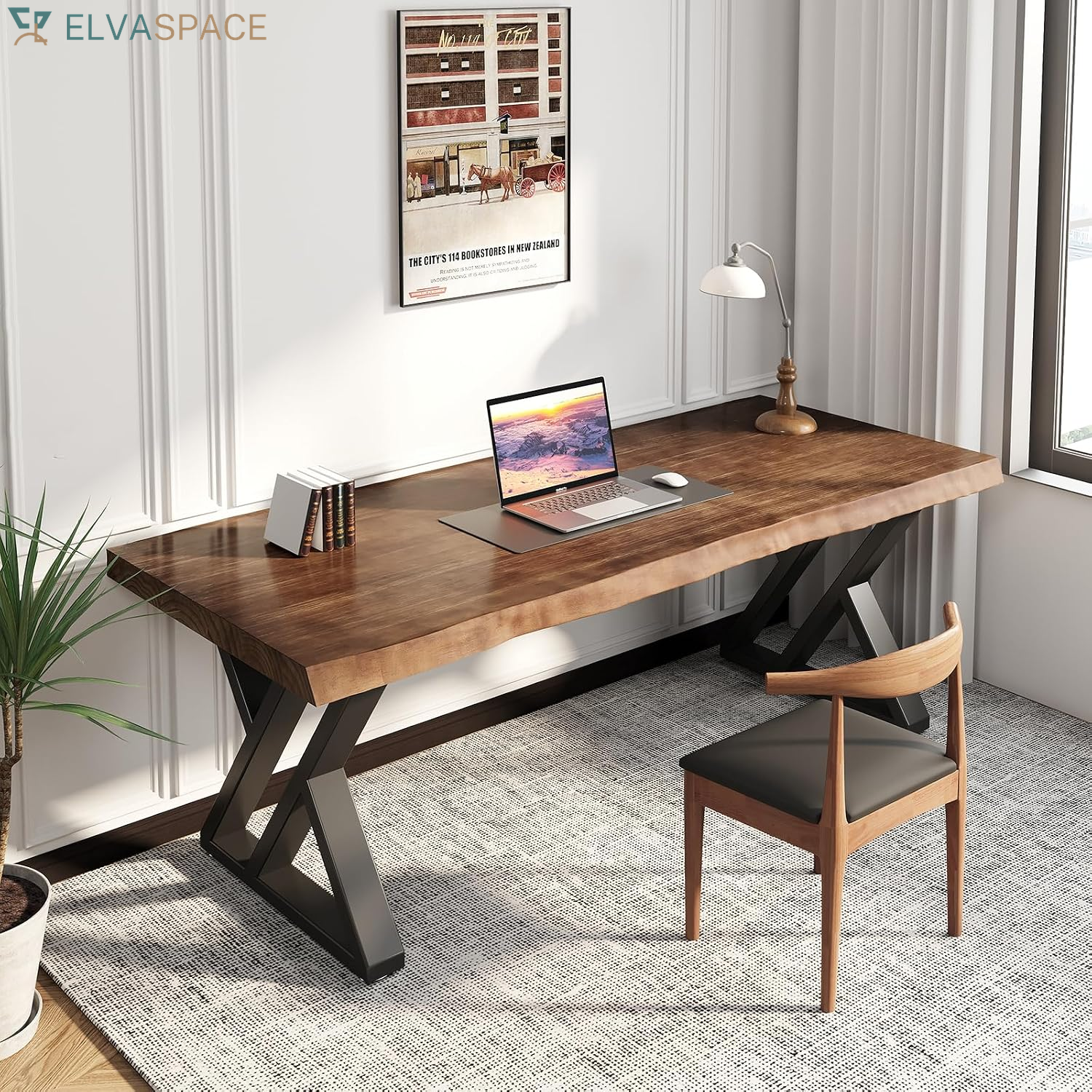 Solid Wood Desk 55 Inches, Home Office Computer Desk Wooden Rustic Writing Desk Metal Modern Simple Design Executive Real Wood Desk(Rustic Brown)