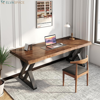 Solid Wood Desk 55 Inches, Home Office Computer Desk Wooden Rustic Writing Desk Metal Modern Simple Design Executive Real Wood Desk(Rustic Brown)