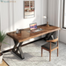 Solid Wood Desk 55 Inches, Home Office Computer Desk Wooden Rustic Writing Desk Metal Modern Simple Design Executive Real Wood Desk(Rustic Brown)