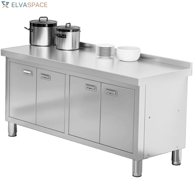 59" X 21" Stainless Steel Prep Table with Cabinet, Commercial Kitchen Table for Prep & Work, Heavy Duty Work Table with 4 Doors for Kitchen, Restaurant, Hotel, Garage and Cafe