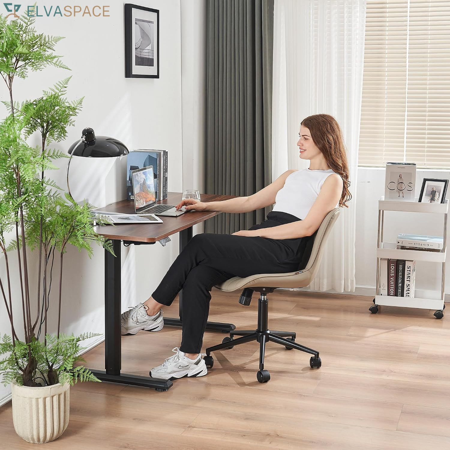 Green Office Desk Chair with Wheels Armless Vanity Chair Modern | Faux Leather Upholstered with Rocking Back, Swivel Height Adjustable Small Cute Computer Rolling Task Chair Ergonomic 300Lb