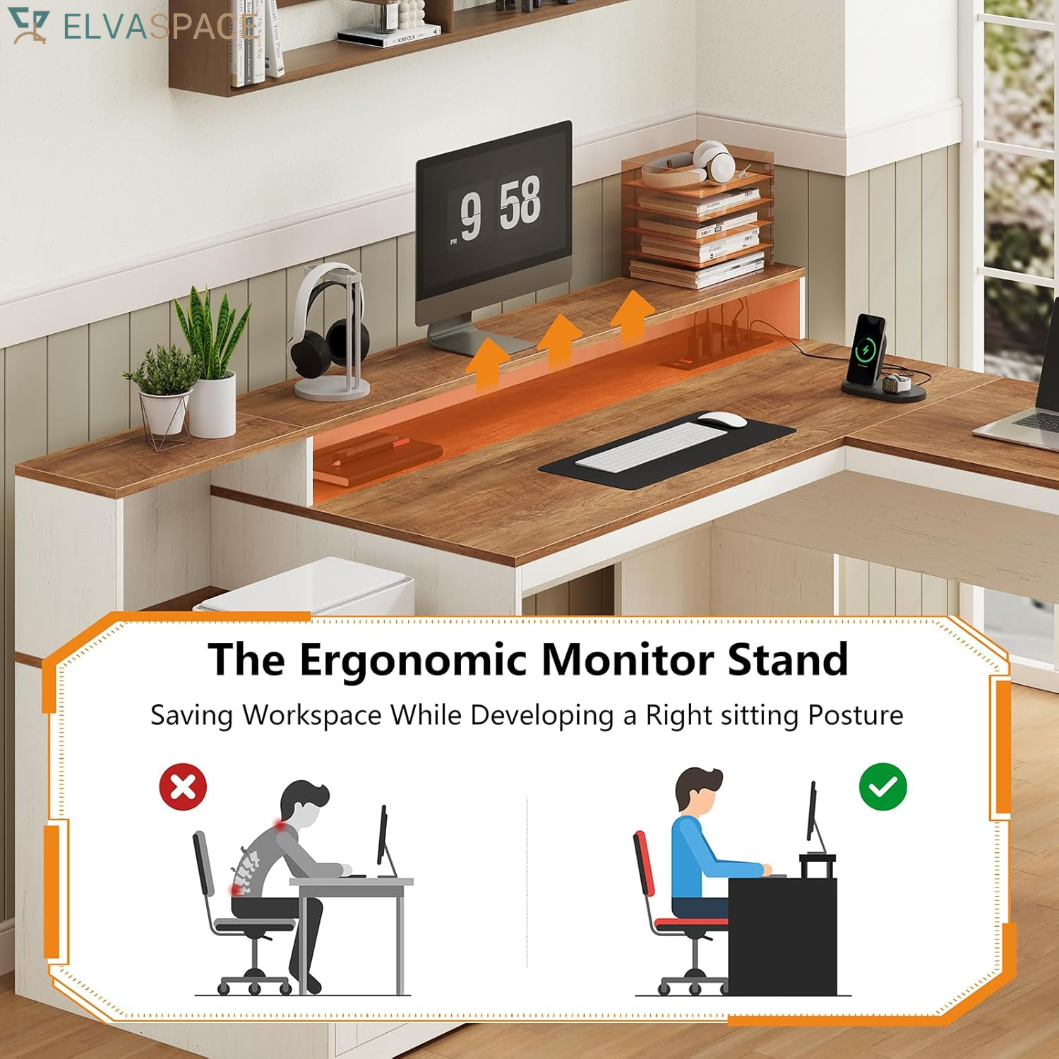 63" Farmhouse L Shaped Executive Desk with Drawers & Storage Shelf, Corner Fluted Computer Desk with Power Outlets, L Shaped Office Desk with Monitor Stand, Printer Shelf