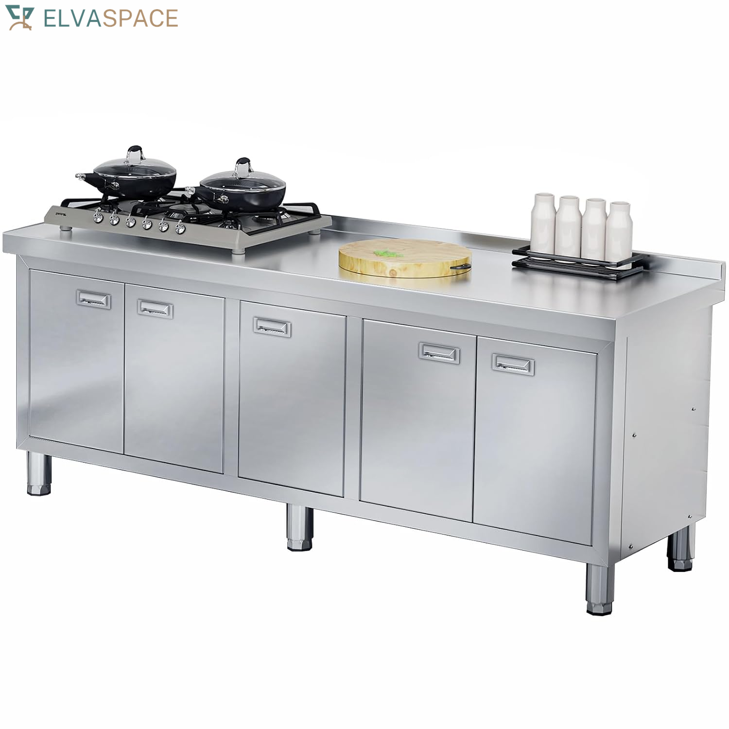 59" X 21" Stainless Steel Prep Table with Cabinet, Commercial Kitchen Table for Prep & Work, Heavy Duty Work Table with 4 Doors for Kitchen, Restaurant, Hotel, Garage and Cafe