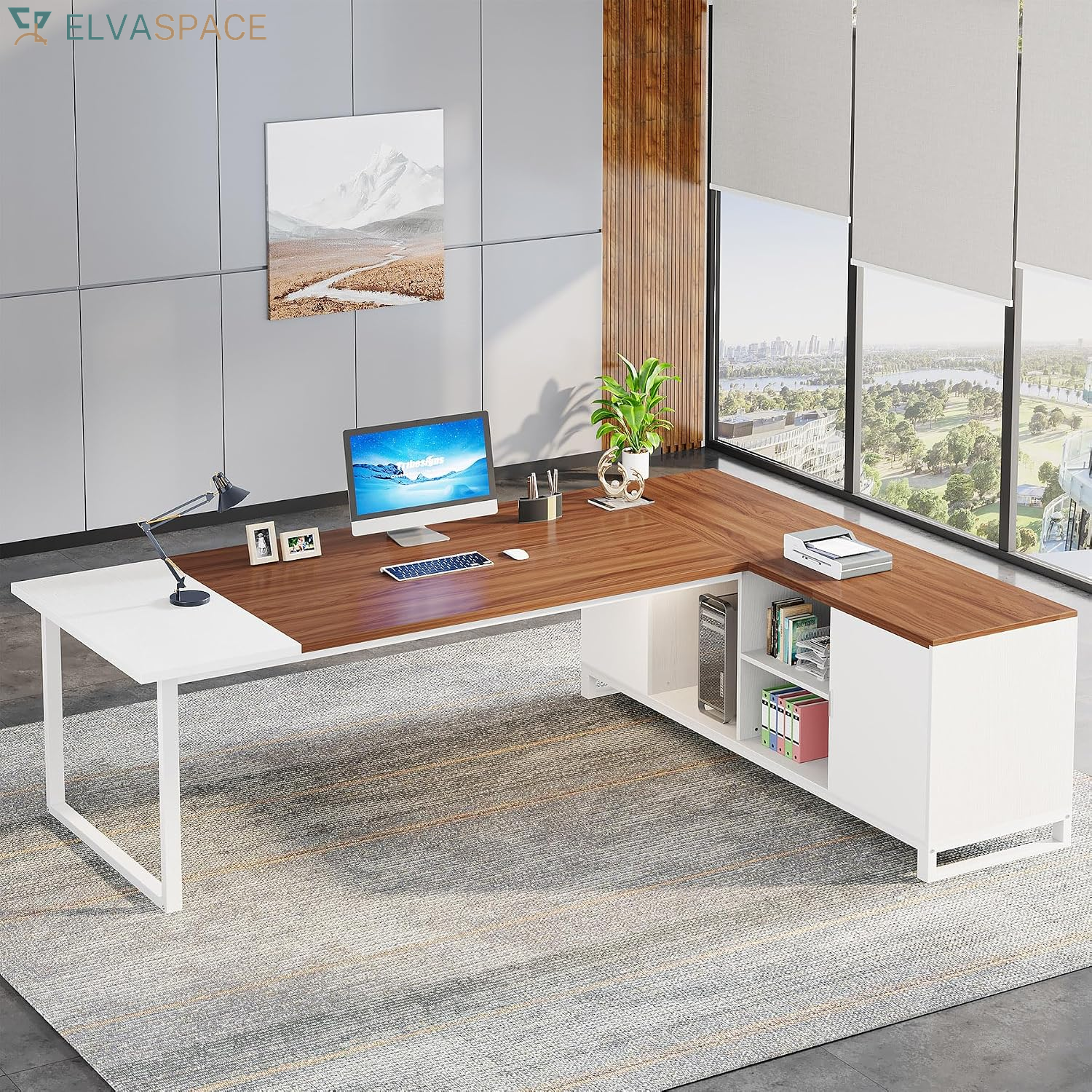 Tribesigns 70.8" Executive Desk with 55" File Cabinet, Industrial L Shaped Computer Desk with Storage Shelves and Cabinet, Large L Shaped Executive Desk for Home Office, Retro Gray & Black