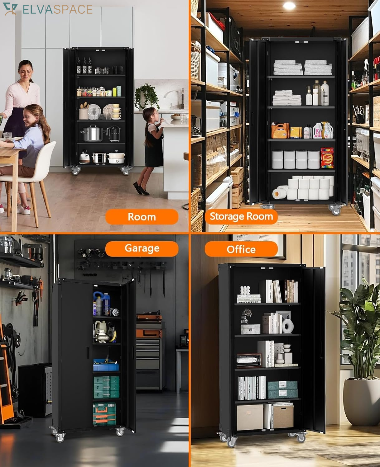 Storage Metal Cabinet 71" with Doors and 4 Shelves Adjustable Adjustable Feet and Lock Tall Storage Cabinet for Pantry Garage Craft Bedroom Office Shop