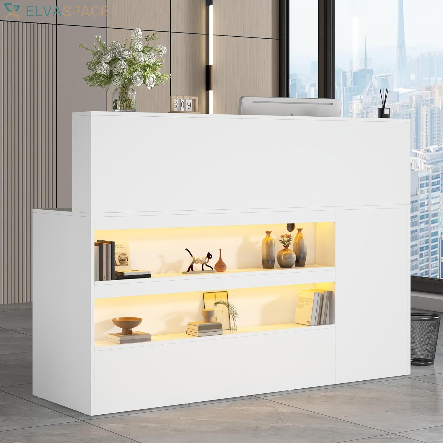 47" Reception Desk with LED Lights Power Outlets,L-Shaped Modern Front Table Reception Room Table with Cable Grommet,Lockable Drawers,Retail Checkout Counter for Lobby,Salon,Home Office Desk,White
