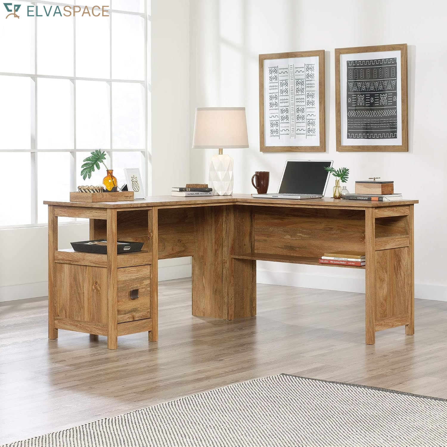 Cannery Bridge L-Shaped Office Desk with Storage Drawer and Self, in Sindoori Mango