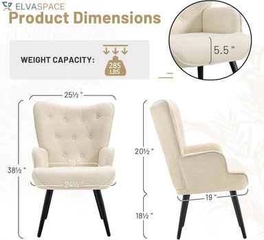 Boucle Accent Chair for Living Room, Upholstered Reading Chair with High Backrest, Tufted-Button Wingback Armchair for Bedroom, Dressing Room, Home Office, Ivory White