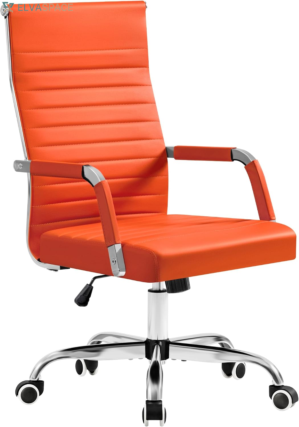 Ergonomic Office Desk Chair, Executive Ribbed Mid-Back PU Leather Conference Room Chair Adjustable Swivel Chair with Arms (1, Orange)
